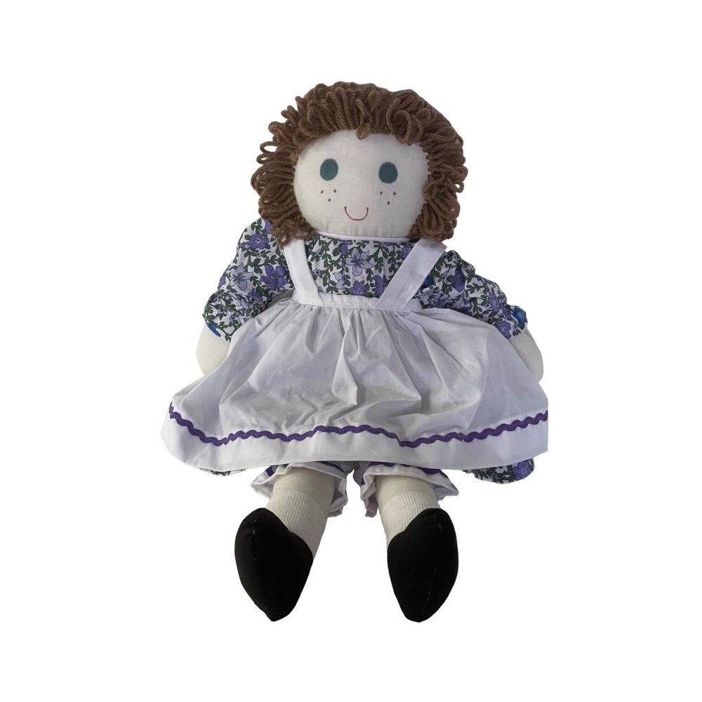 New Cloth Rag Doll Handmade with Hand Sewn Dress and Brown Yarn Hair 19"